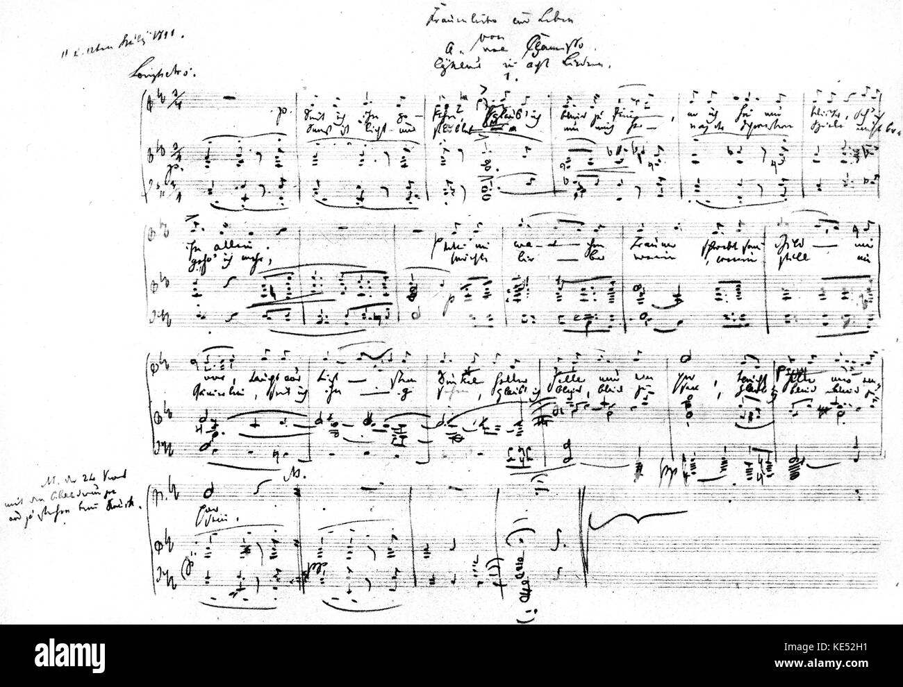 Robert Schumann, manuscrit note pour la première 'lied' de 'Frauenliebe und  Leben" (cycle de la vie d'une femme et l'amour) opus 42, 1840 mots. par  Adelbert von Chamisso. Compositeur allemand, 8 juin