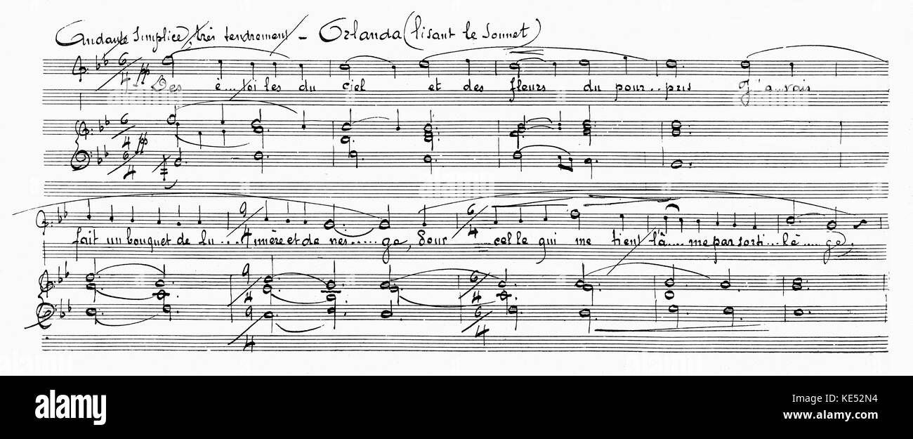 Score de la partie de l'Orlanda Sonnet- de l'opéra 'La Reine Fiammette", musique de Xavier Leroux et livret de Catulle Mendès. XL : compositeur français, 11 octobre 1863 - 2 février 1919. CM : poète français, 22 mai 1841 - 8 février 1909. Banque D'Images