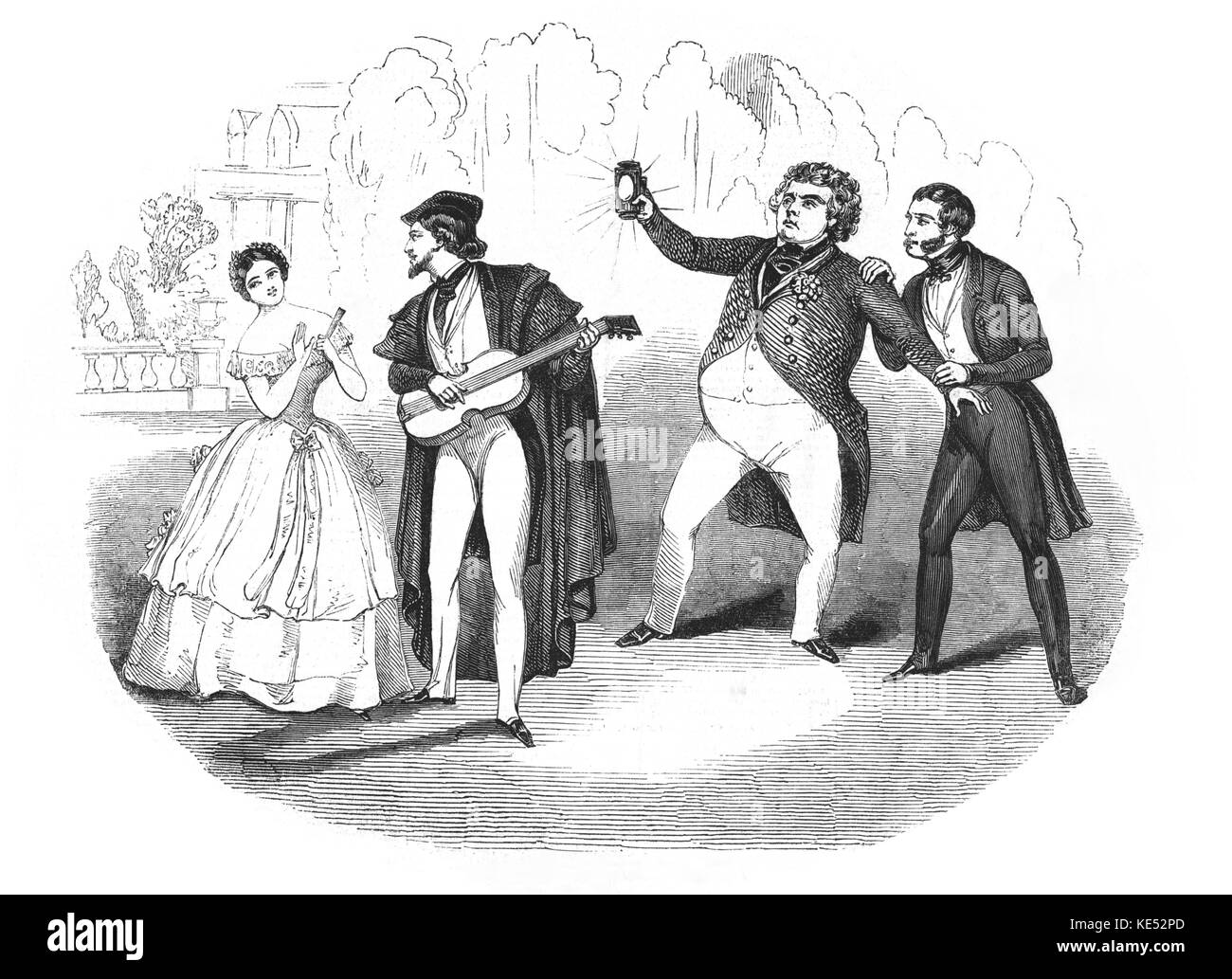 Don Pasquale opéra de Donizetti production 1852 Londres.' Le Jardin dans 'Dsur Pasquale' au Her Majesty's Theatre, Londres 1843". Chanteurs d'opéra : Grisi, Mario, Lablache, Fornasari. Source London Illustrated News, 1843. Compositeur italien , 29 novembre 1797 - 8 Avril 1848 Banque D'Images