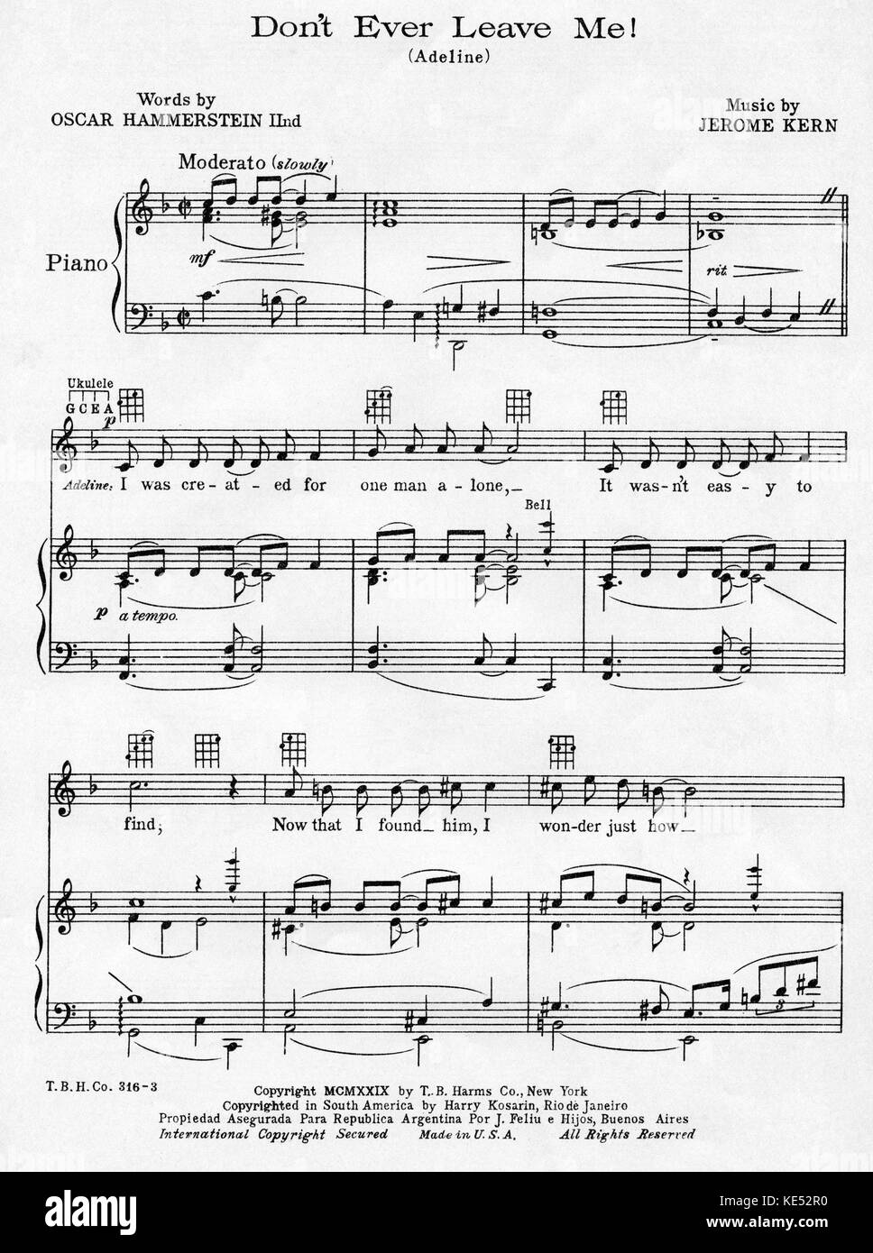 Sweet Adeline - une comédie musicale romance de la gay des années 90. Encore de par Oscar Hammerstein II et Jerome Kern. Note pour "ne jamais me laisser' titre de la chanson. Score couvrir. Publié à New York, TO Harms, 1929 Banque D'Images