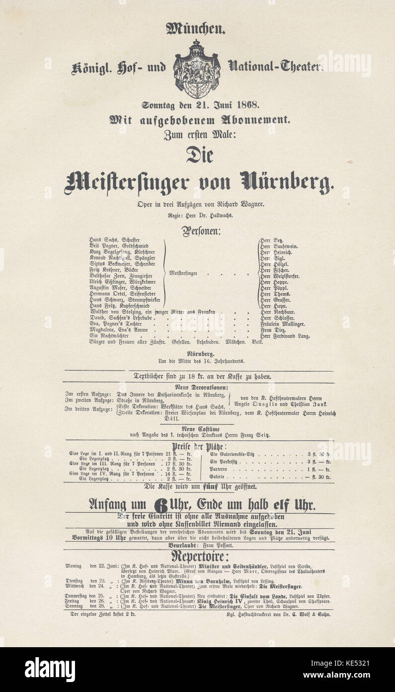Premiere affiche pour l'opéra de Richard Wagner, Die Meistersinger von Nürnberg 21 juin 1868. Les créateurs des rôles mallinger Diez, Nachbaur, Schlosser, Betz, oelzel, menée par von Bulow. Compositeur allemand d'auteur, 22 mai 1813 - 13 février 1883. Banque D'Images