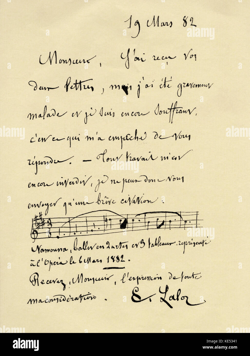 Lettre du compositeur français Édouard Lalo, datée du 19 mars 1882 - à l'aide d'un manuscrit de … Édouard Victor Antoine Lalo, compositeur français d'origine espagnole, 27 janvier 1823 - 22 Avril 1892 Banque D'Images