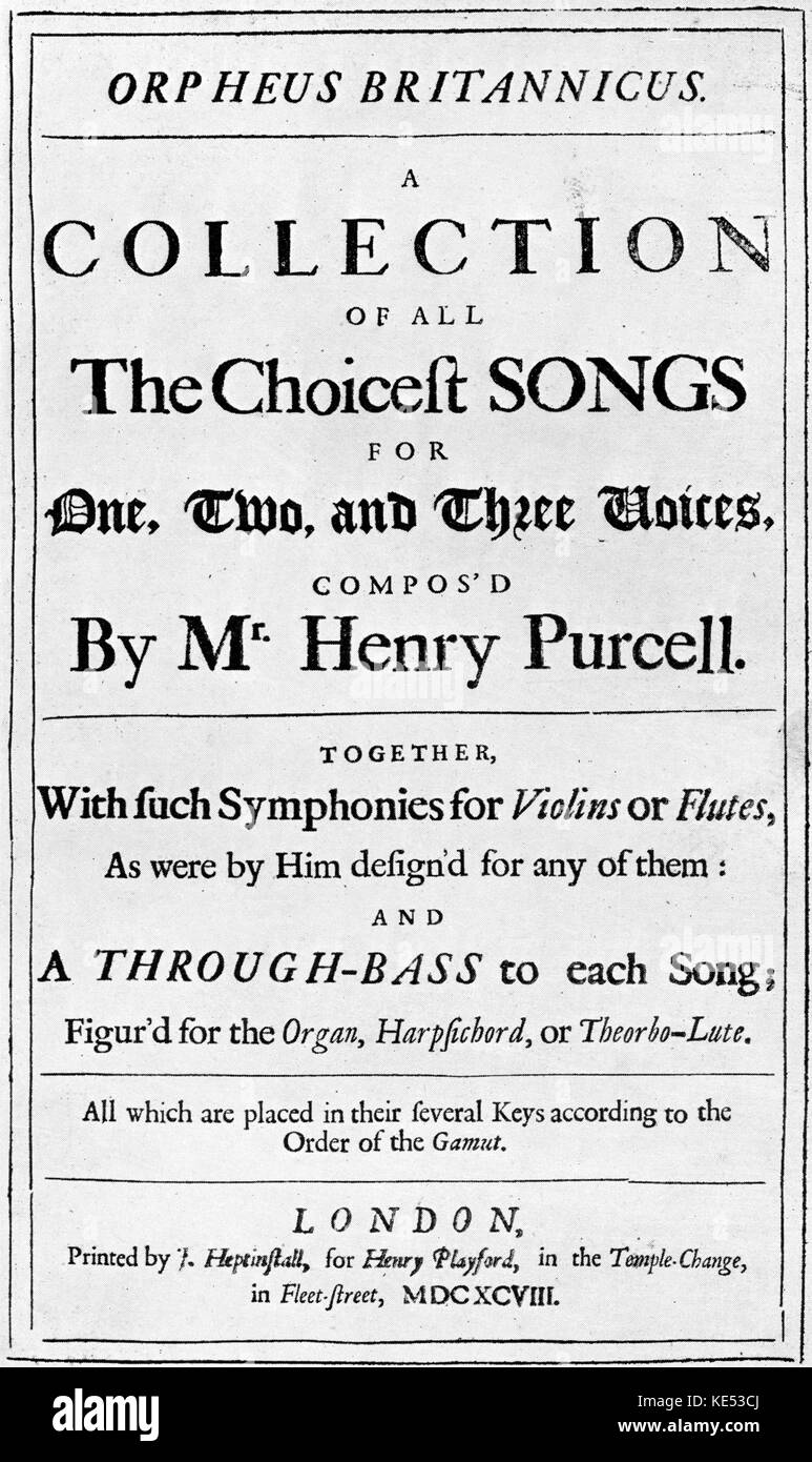 Britannius "Orpheus" - page de titre de la première édition 1698. d'Henry Purcell, compositeur anglais c.1659 - 21 novembre 1695. Banque D'Images