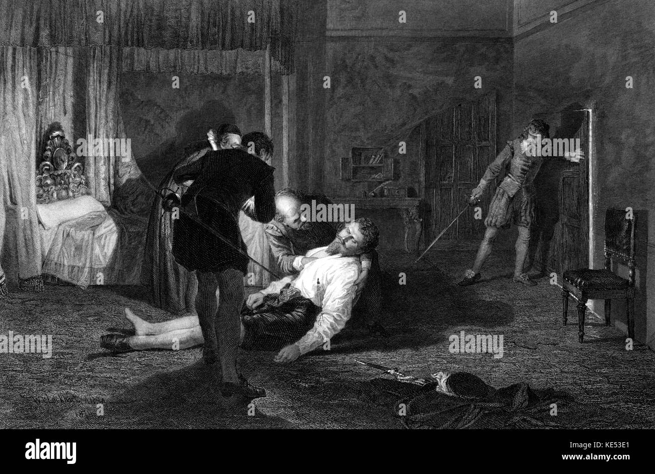 La fiancée de Lammermoor de Sir Walter Scott. Scène dans la chambre nuptiale - Colonel Ashton trouver le corps de Bucklaw. Chapitre XXXIV. Gravure par Thomas Brown basé sur l'art par W.E. Lockhart. Le roman a été publié en 1819 et a servi de base à l'opéra de Donizetti Lucia di Lammermoor. Banque D'Images