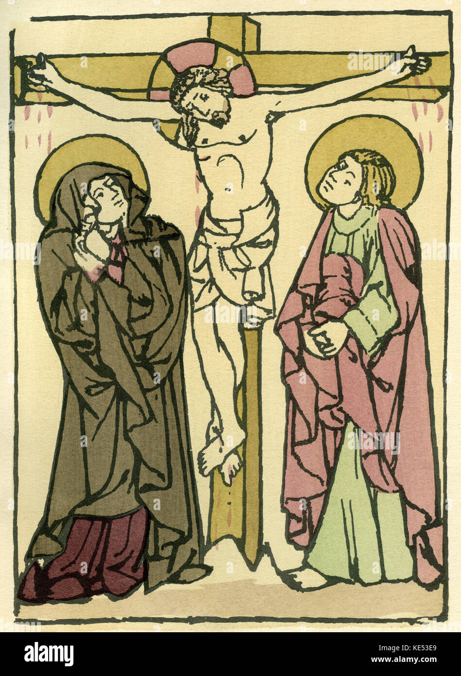 La crucifixion du Christ. La Vierge Marie, à droite, et de Marie Magdelene, voir Jésus crucifié. Légende : 'Crucifixion du Christ'. La gravure sur cuivre franque, vers 1420-1430. (Allemand) Banque D'Images