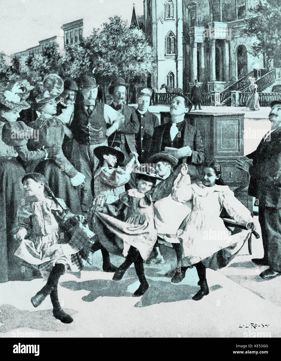 Les jeunes filles dansant sur la musique de l'orgue de barbarie sur les trottoirs de New York, 1890. Illustration de l'Amérique du dix-neuvième siècle. Banque D'Images