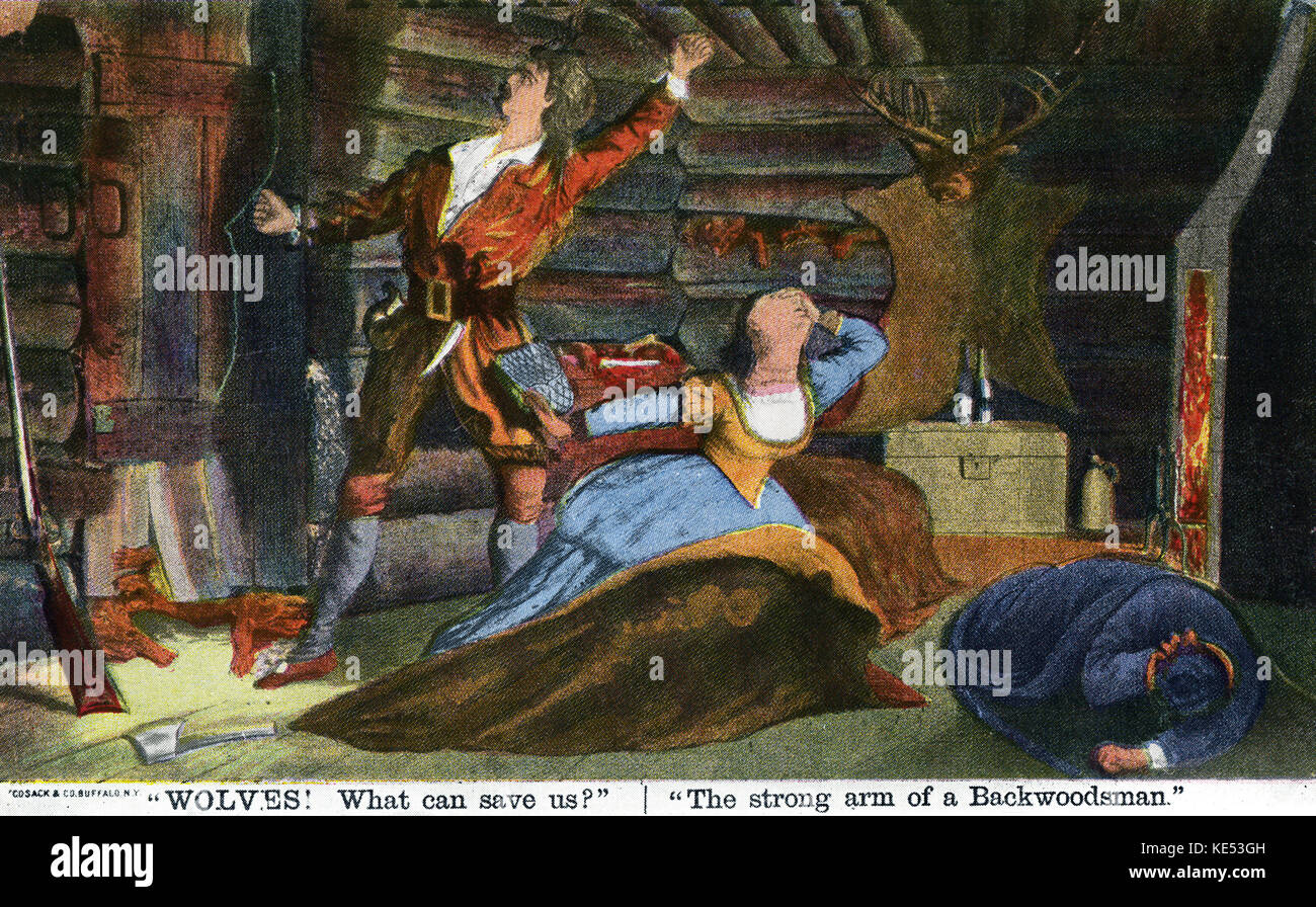 Frank Chanfrau dans 'Davy Crockett'. Illustration montrant la production théâtrale de l'histoire de l'American folk hero, vers 1893-4. Sous-titre suivant : 'Les loups ! Ce qui peut nous sauver ? Les bras d'un Backwoodsman'. FC : acteur et directeur de théâtre, 1824-2 octobre 1884. Banque D'Images
