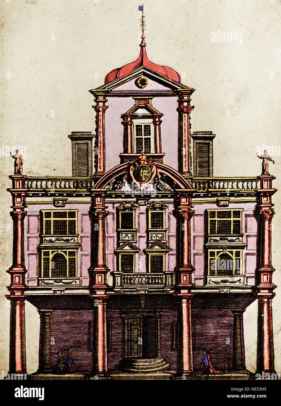 Duke's Theatre, Dorset Gardens, Londres. L'ancien Queen's Theatre dans le Dorset Gardens, dans lequel Purcell's 'The Fairy Queen' a été produit pour la première fois en 1692. Londres haendel conçu par Sir Christopher Wren. Ouvert 1671 et en usage jusqu'au début du 18e siècle. Version colorisée. Banque D'Images