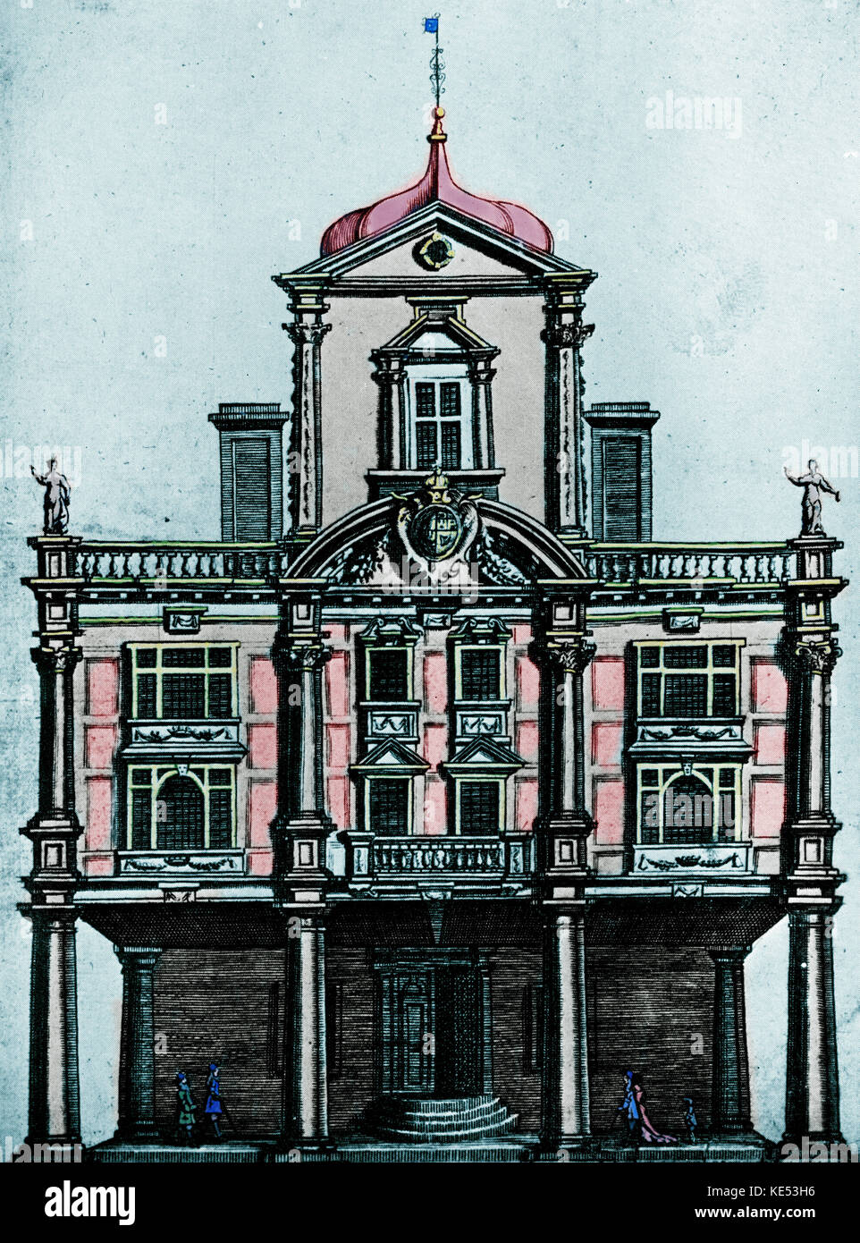 Duke's Theatre, Dorset Gardens, Londres. L'ancien Queen's Theatre dans le Dorset Gardens, dans lequel Purcell's 'The Fairy Queen' a été produit pour la première fois en 1692. Londres haendel conçu par Sir Christopher Wren. Ouvert 1671 et en usage jusqu'au début du 18e siècle. Version colorisée. Banque D'Images