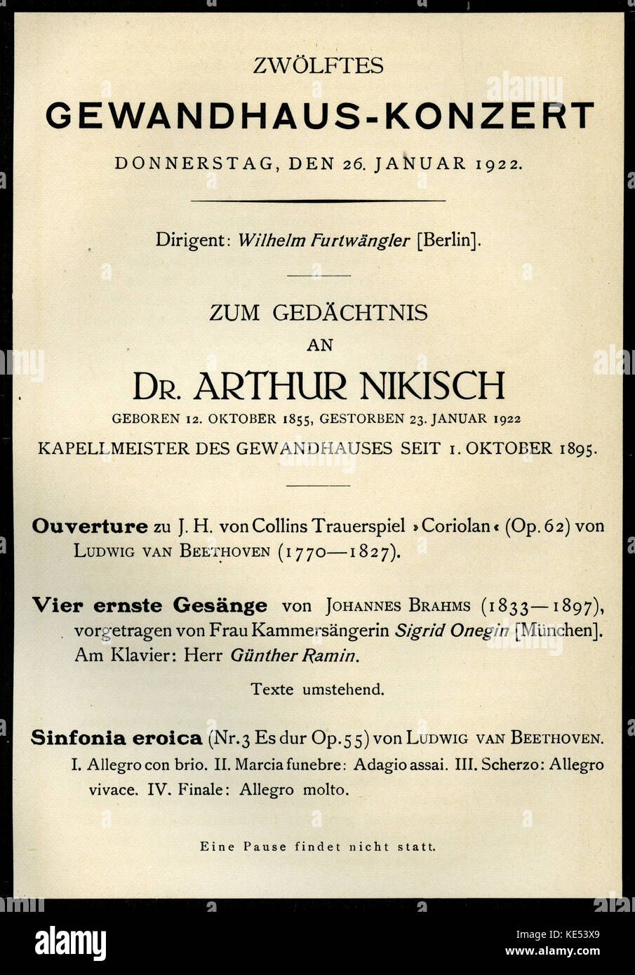Concert commémoratif pour Arthur Nikisch le 26 janvier 1922 par l'Orchestre Philharmonique de Berlin. Hungarian-German 12 octobre 1855 conducteur - 23 janvier 1922. Banque D'Images