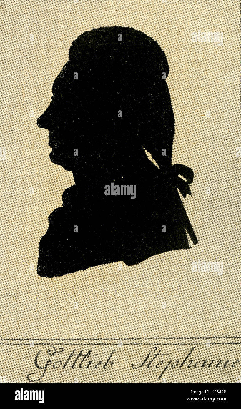 Gottlieb Stephanie 1786 Profil de Jérôme Loschenkohl silhouette. Dramaturge autrichien, directeur et le librettiste, travaillé avec Mozart sur Entfuhrung. 19 février 1741 - 23 janvier 1800. WAM : compositeur autrichien, 27 janvier 1756- 5 décembre 1791. Banque D'Images
