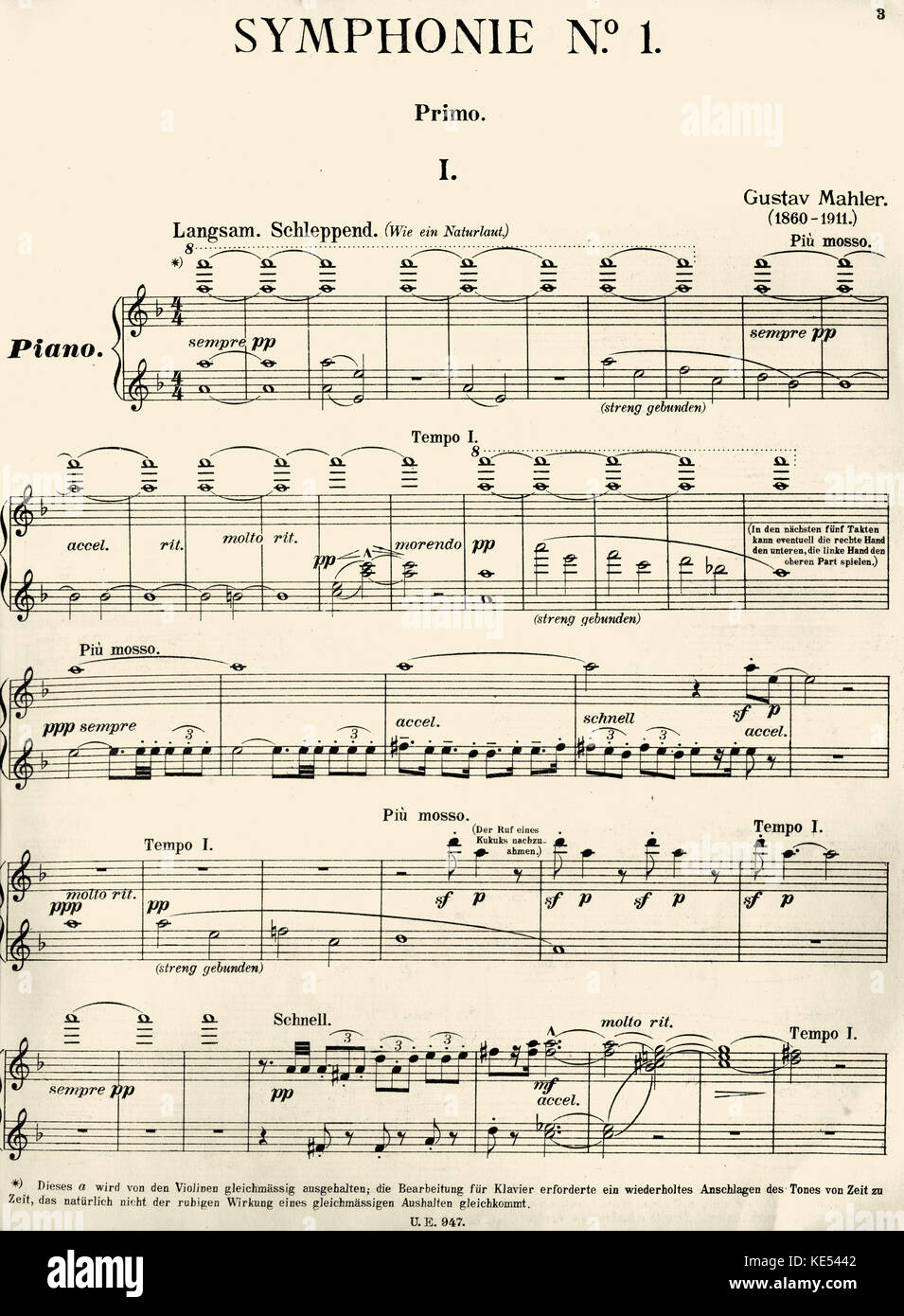 Gustav Mahler Symphonie n° 1 en ré majeur. Première page de score pour la  partie Primo Piano. Arrangement pour duo de piano par Bruno Major.  Compositeur Autrichien, 7 juillet 1860 - 18 mai 1911 Photo Stock - Alamy