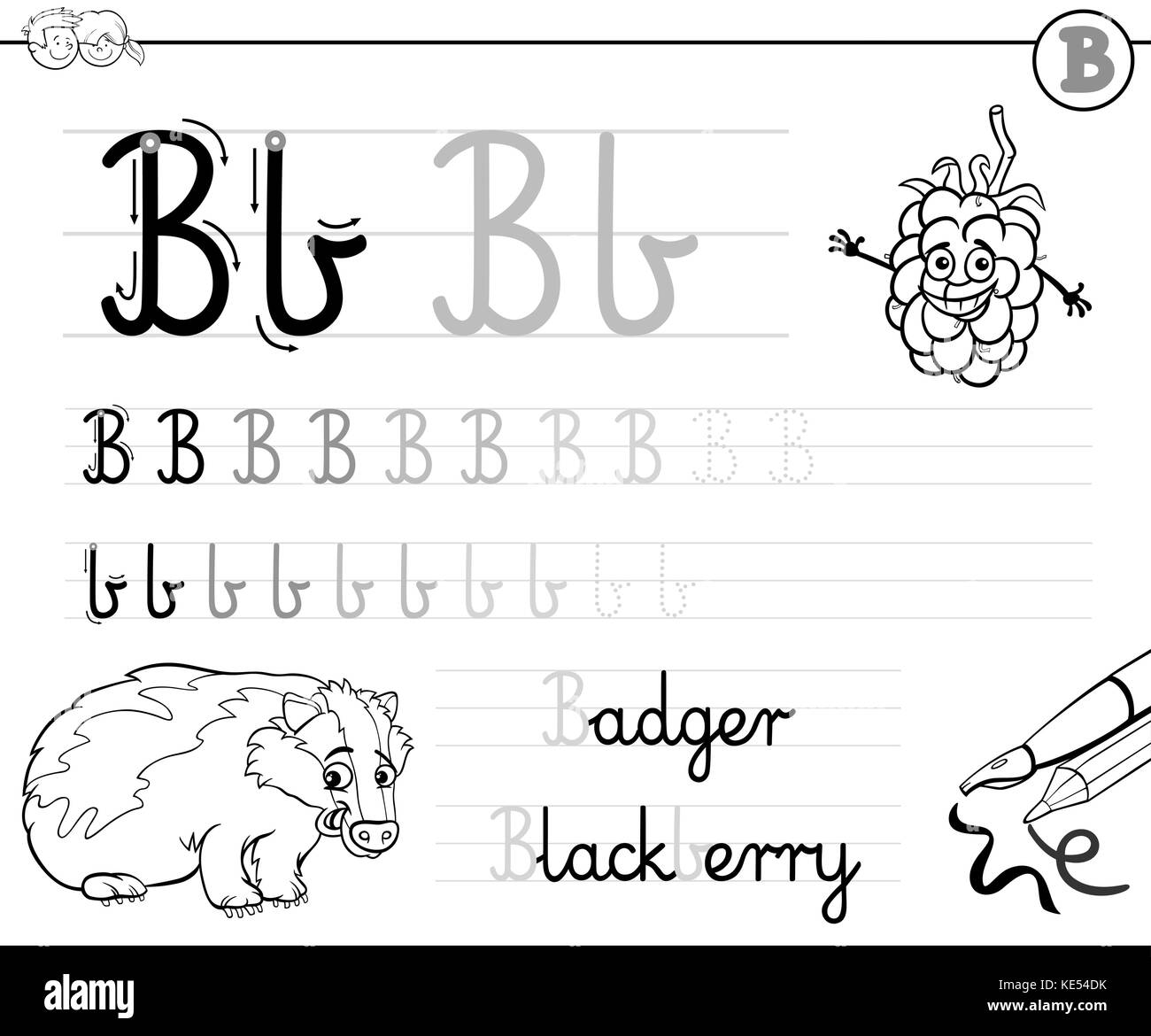 Cartoon noir et blanc illustration de l'écriture pratique avec lettre b feuille de calcul pour les enfants d'âge préscolaire et enseignement primaire Coloring Book Illustration de Vecteur