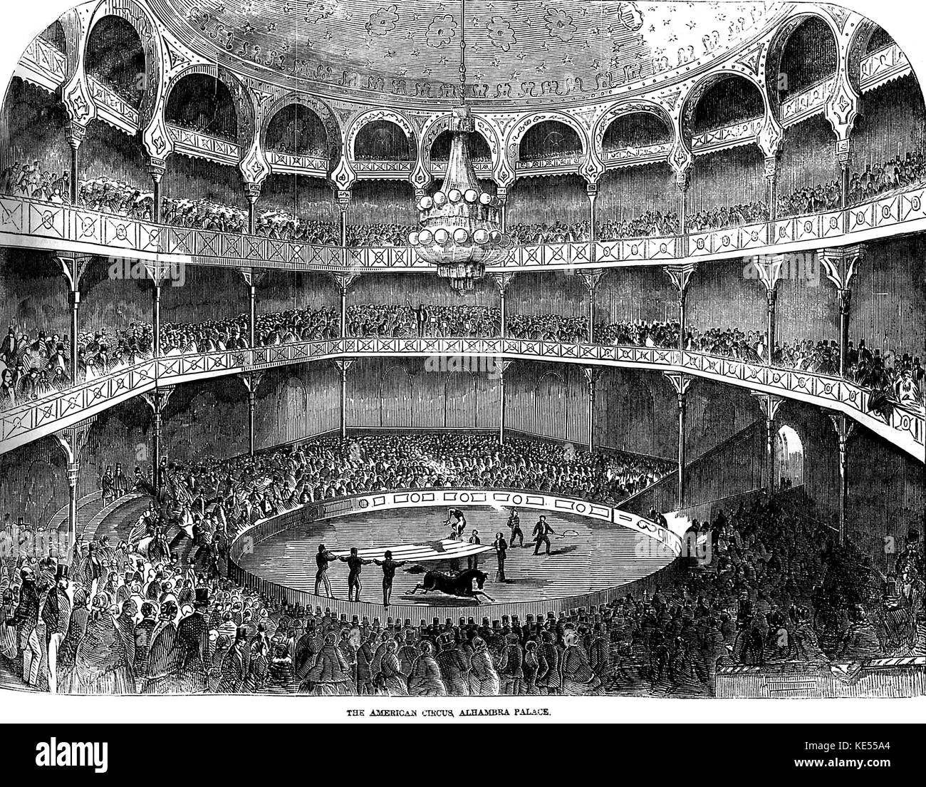 L'American Circus, Palais de l'Alhambra. Londres. Acrobat à l'envers sur le bord d'un grand mat tenu par six hommes à cheval autour de gallopiing prêt pour rider à sauter sur.. Banque D'Images