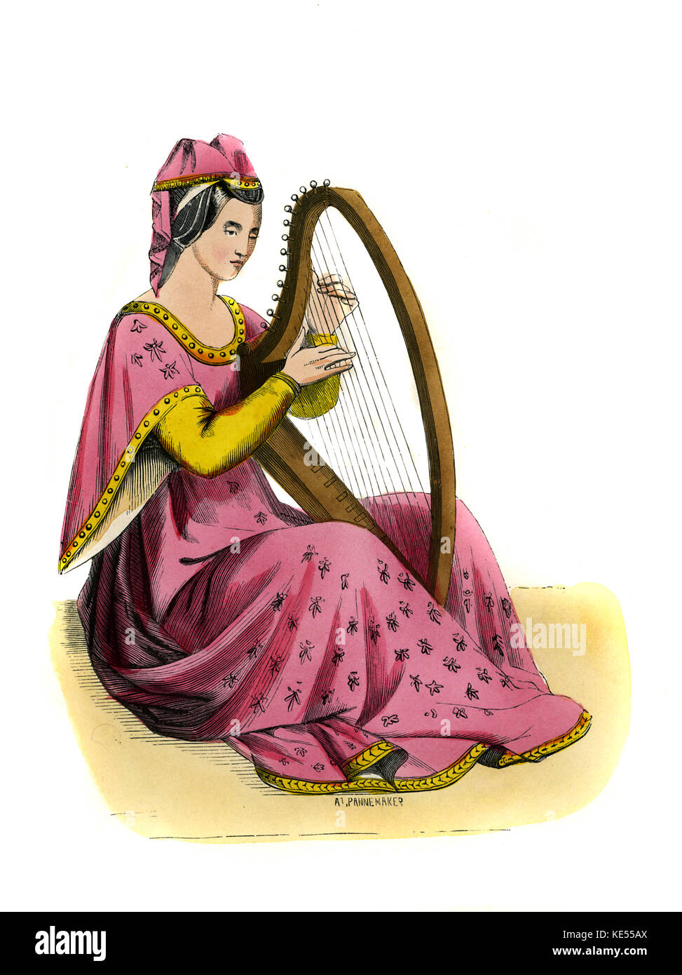 Jeune femme - costume féminin du 14ème siècle, illustré assis jouant de la harpe, portant une robe rose emboridered avec fleurs, pendentif suspendu de manches, et d'une guimpe. c. 1847, peinte à la main copie d'une peinture du 14ème siècle par Vanni. (Pannemaker) Banque D'Images