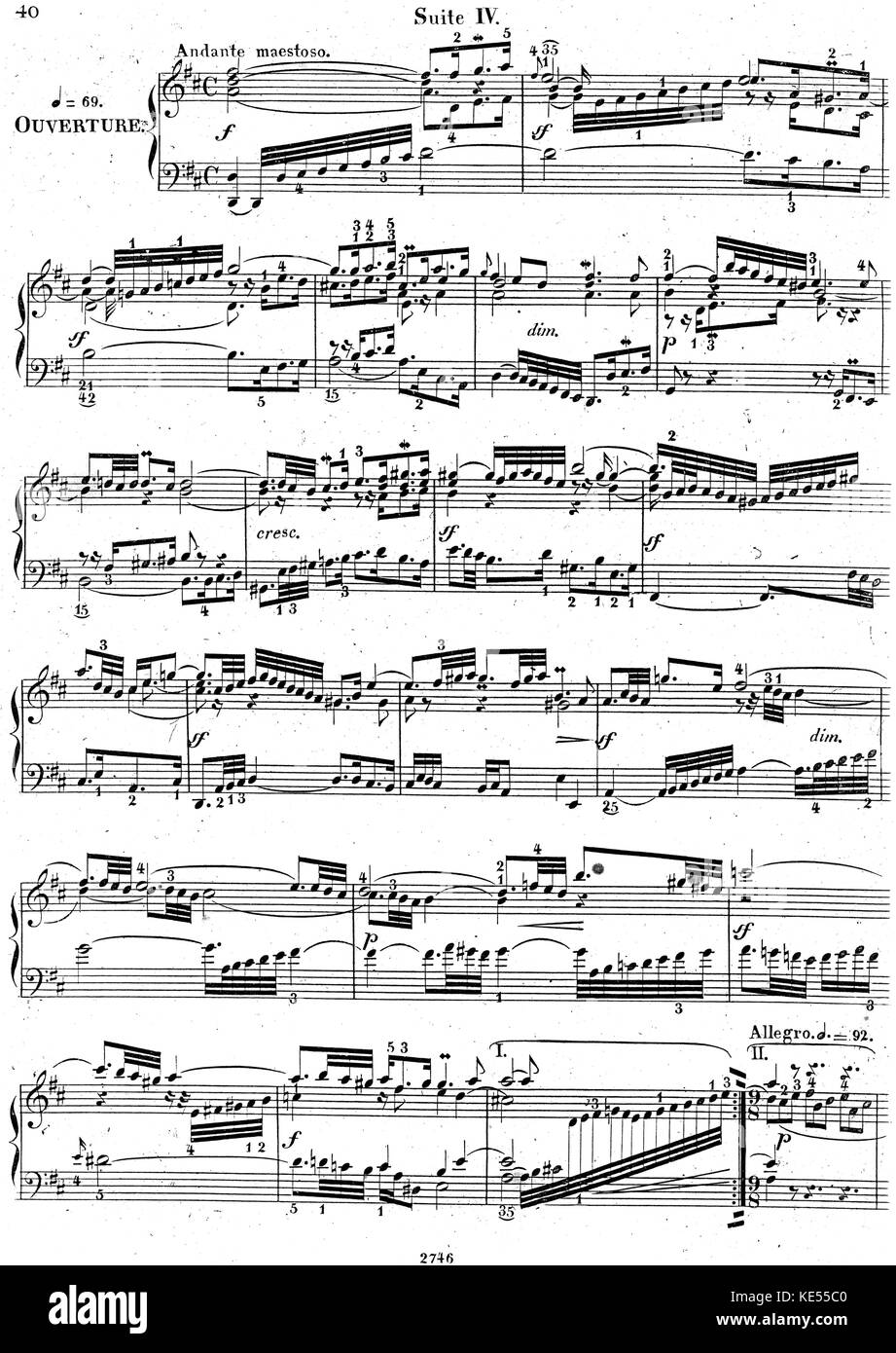 Page d'ouverture de la Partita n°4 de Bach, BWV 828. Quatrième d'une série de six suites pour clavecin de Johann Sebastian Bach, publié de 1726 à 1730 comme Clavier-Übung I. compositeur allemand et organiste, 21 mars 1685 - 28 juillet 1750 Banque D'Images
