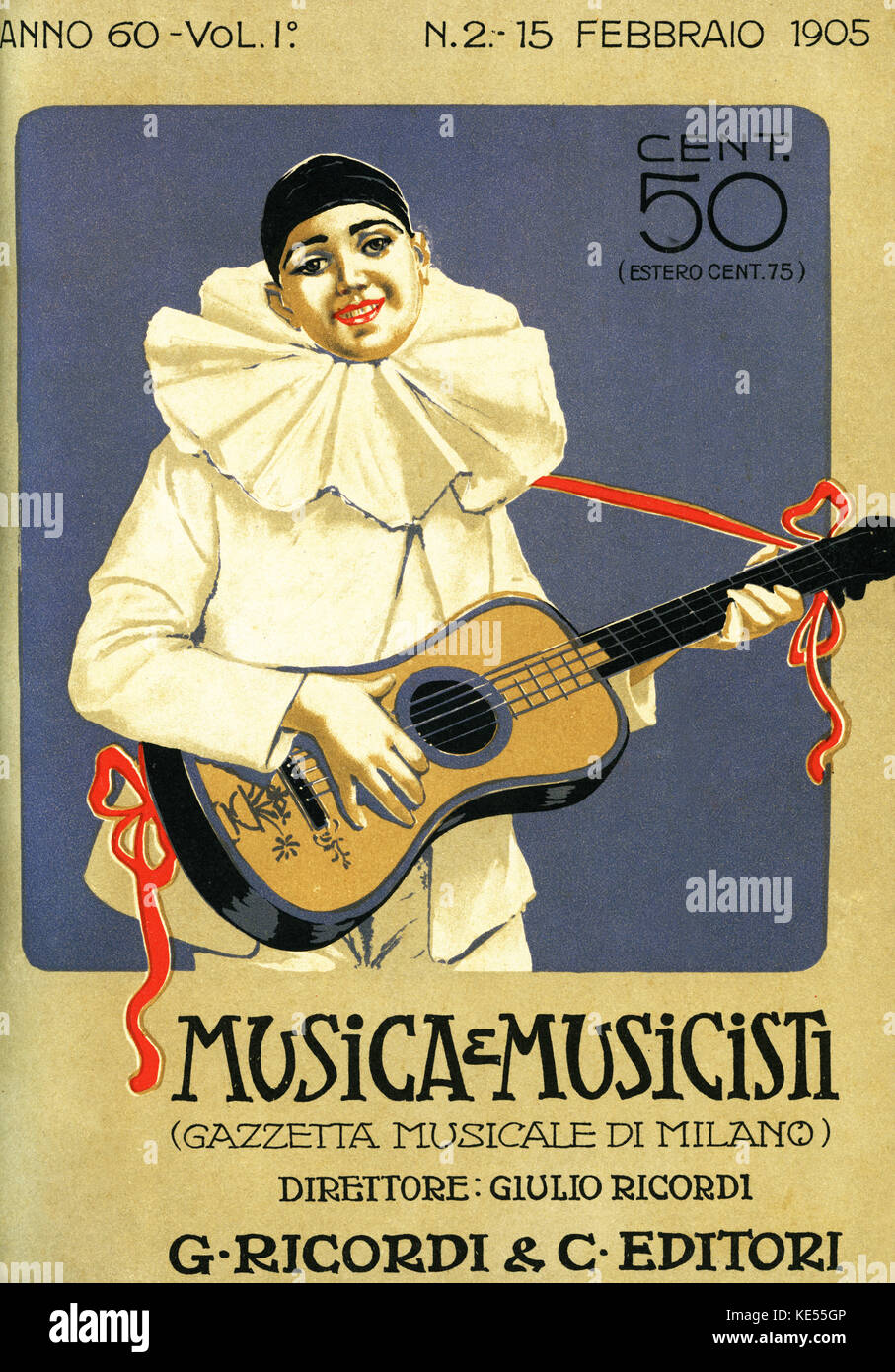 Pierrot jouant de la guitare. Couverture de magazine de musique italienne, ' e Musica Musicisti ' , la Gazette musicale de Milan, 1905. Style Art nouveau. Banque D'Images