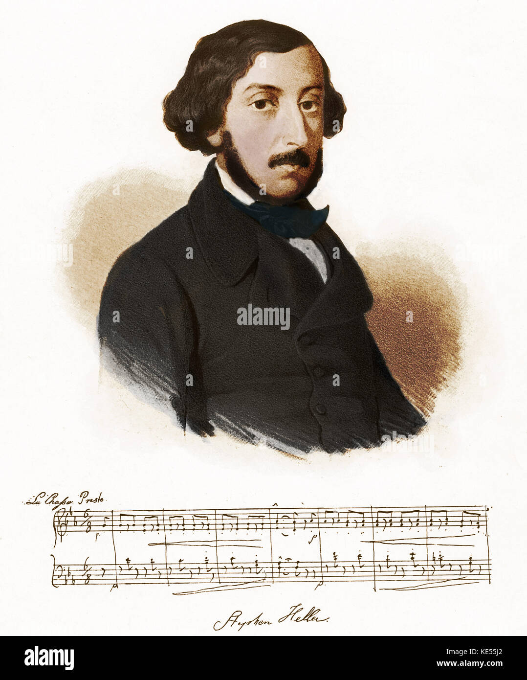 Stephen Heller portrait avec les notes de musique, compositeur et pianiste hongrois, 15 mai 1813 - 14 janvier 1888. Version colorisée. Banque D'Images