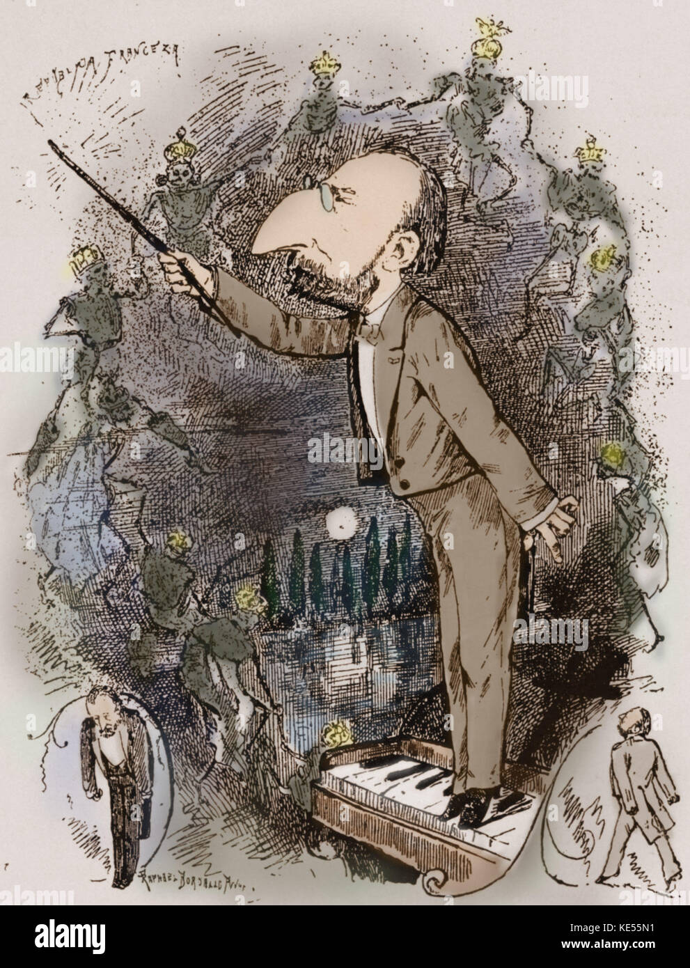 Camille Saint-Saens mener 'Danse Macabre' espagnol caricature. Compositeur français (1835-1921). Version colorisée. Banque D'Images