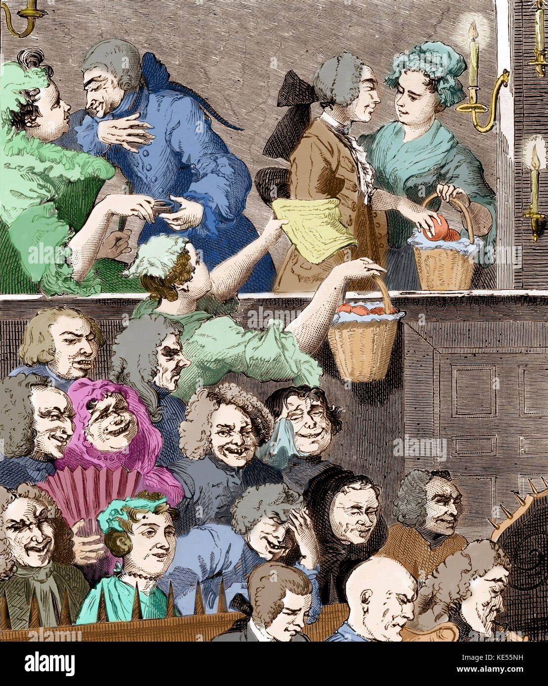 "L'auditoire de rire', bénéficiant de l'auditoire à performcance théâtre, des couples de flirter, l'auditoire en extase avec performance par William Hogarth, 1697 - 1764. Version colorisée. Banque D'Images