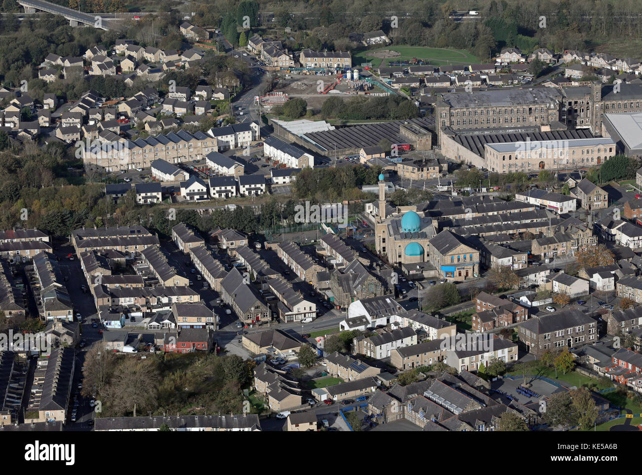 Image aérienne du centre-ville de Brierfield, Lancashire, UK Banque D'Images