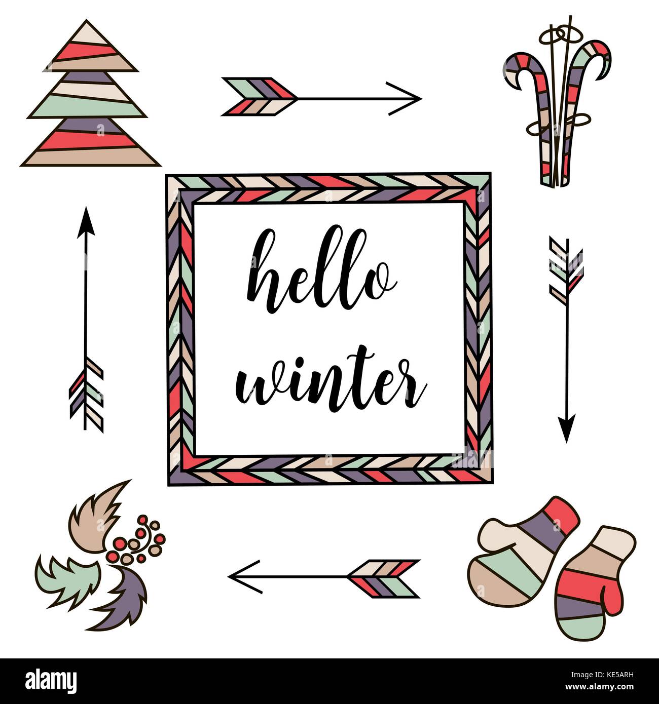 Bonjour l'hiver. retro vintage couleur typographique design. flèches, sapin, arbre de Noël, mitaines, ski, Holly, ornements Illustration de Vecteur