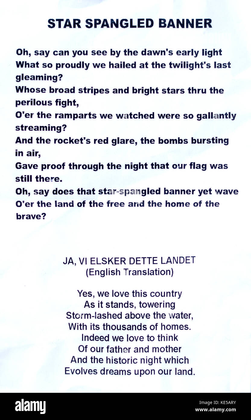 Paroles de la Star Spangled Banner et traduction anglaise de l'hymne national norvégien. St Paul Minnesota MN États-Unis Banque D'Images