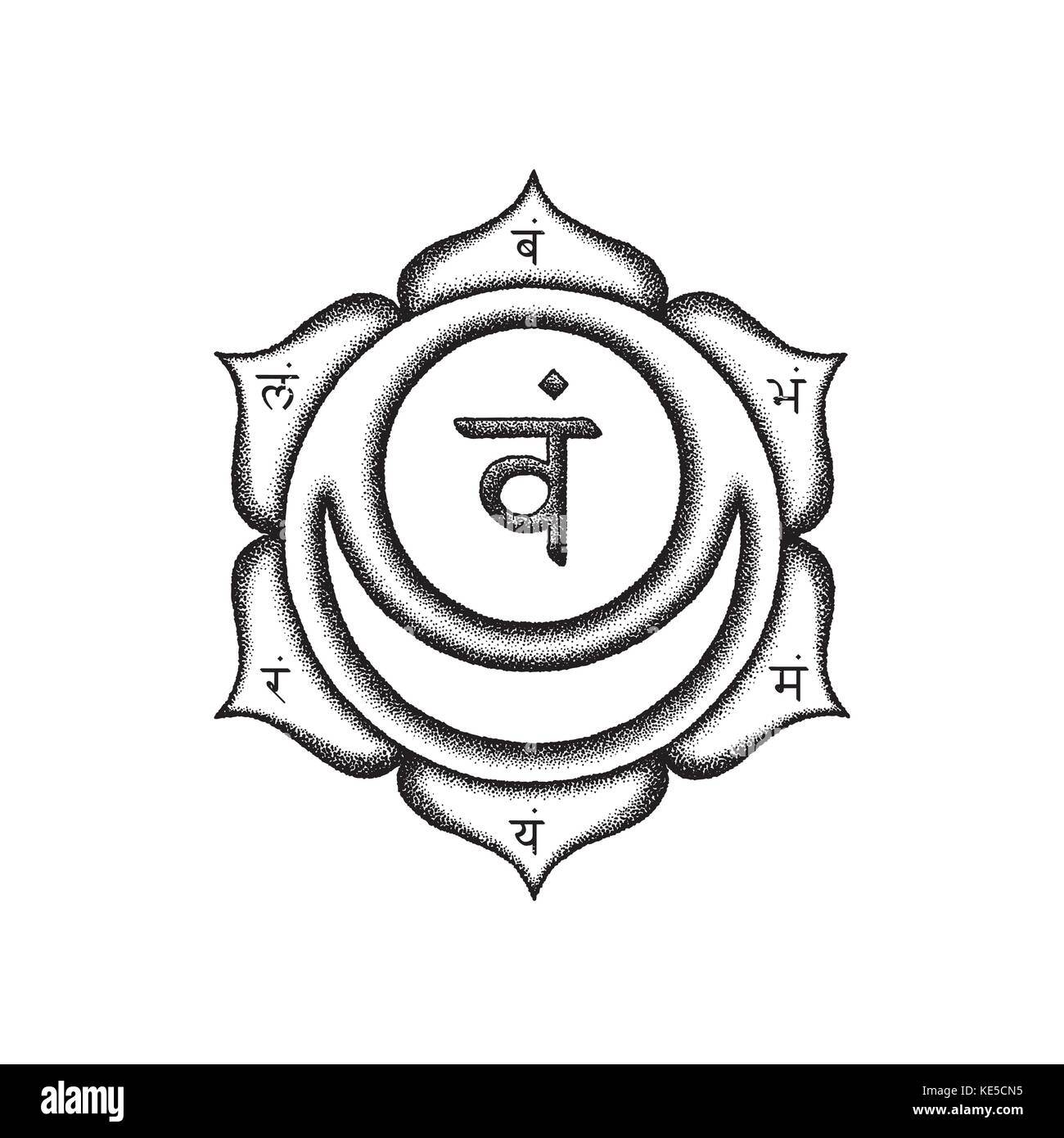 Deuxième scénario svadhishthana chakra sacré semences sanskrit mantra vam syllabes sur l'hindouisme. pétales de lotus style tattoo travail dot noir monochro dessiné à la main Illustration de Vecteur
