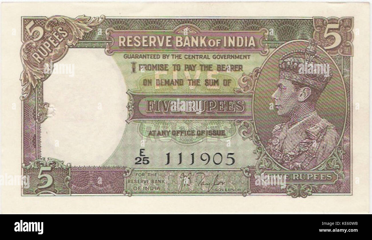 KGVI 5 roupies remarque jbt avers côté Banque D'Images