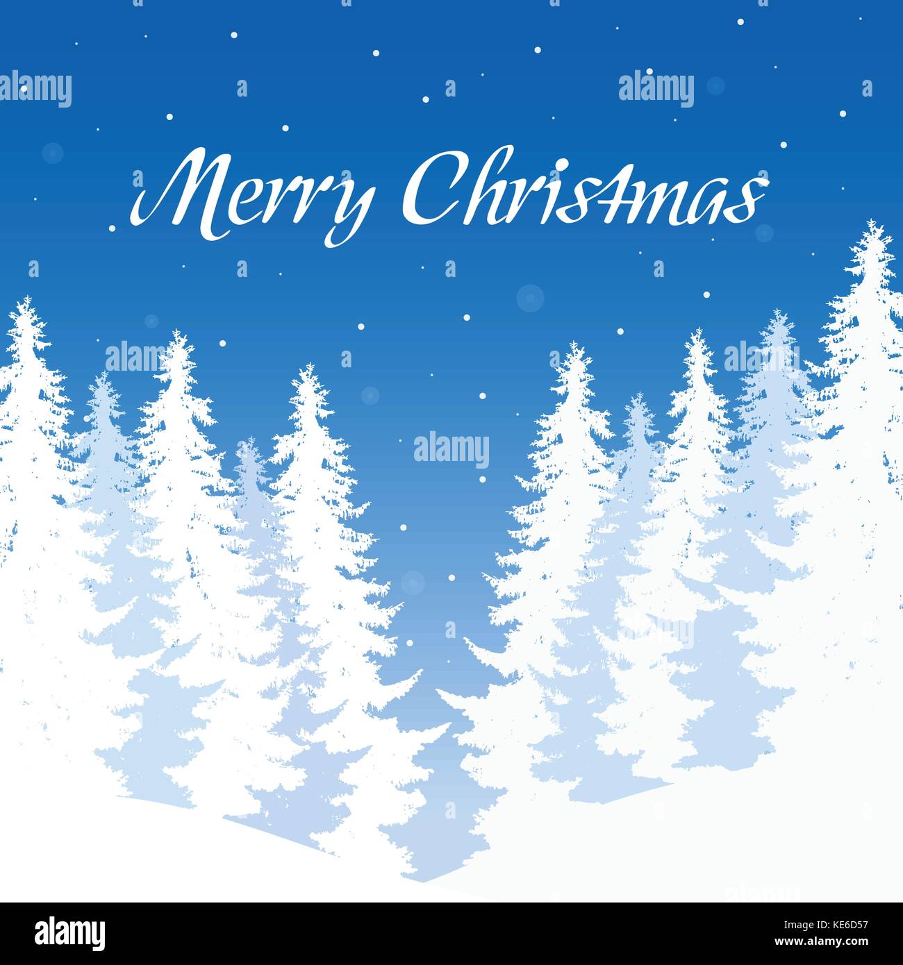 Paysage d'hiver vectoriel avec forêt enneigée et arbres avec chute de neige sous ciel bleu avec l'inscription Joyeux Noël Illustration de Vecteur