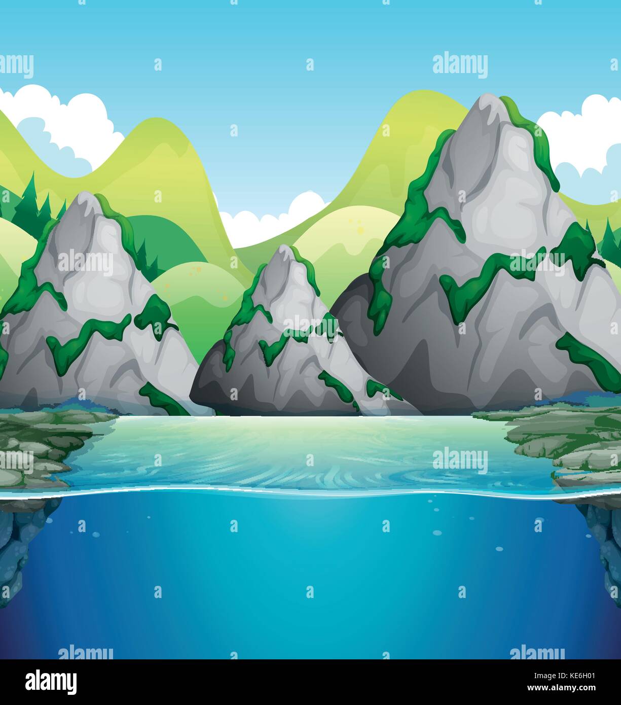 Scène de la nature avec vue sur la montagne et le lac illustration Illustration de Vecteur