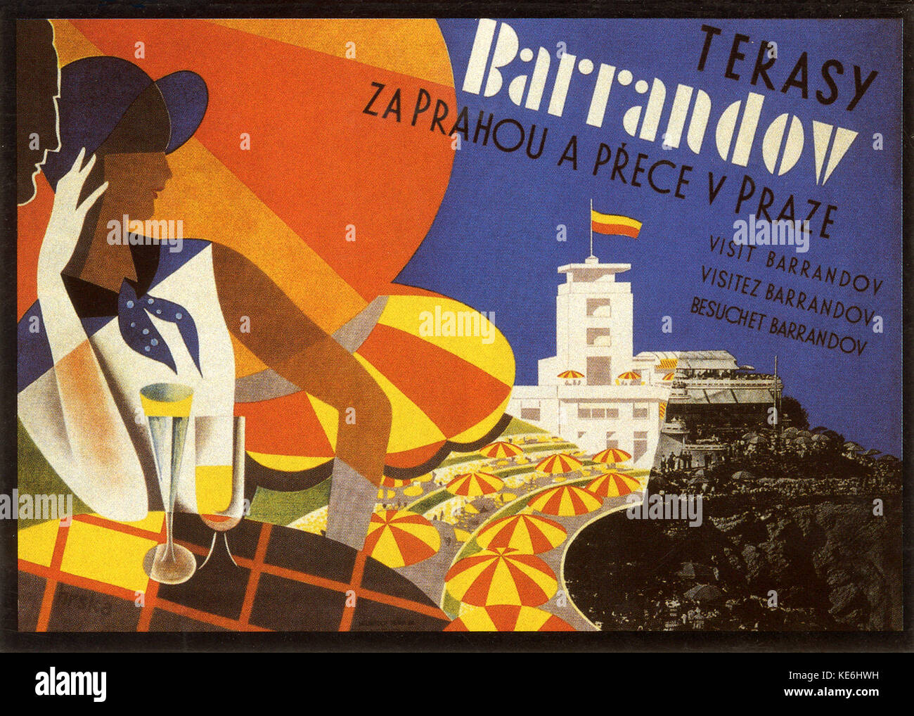 Affiche art déco du début des années 30, annonçant le nouveau Barrandov terrasses restaurant et spa complexe à Prague, Tchécoslovaquie Banque D'Images