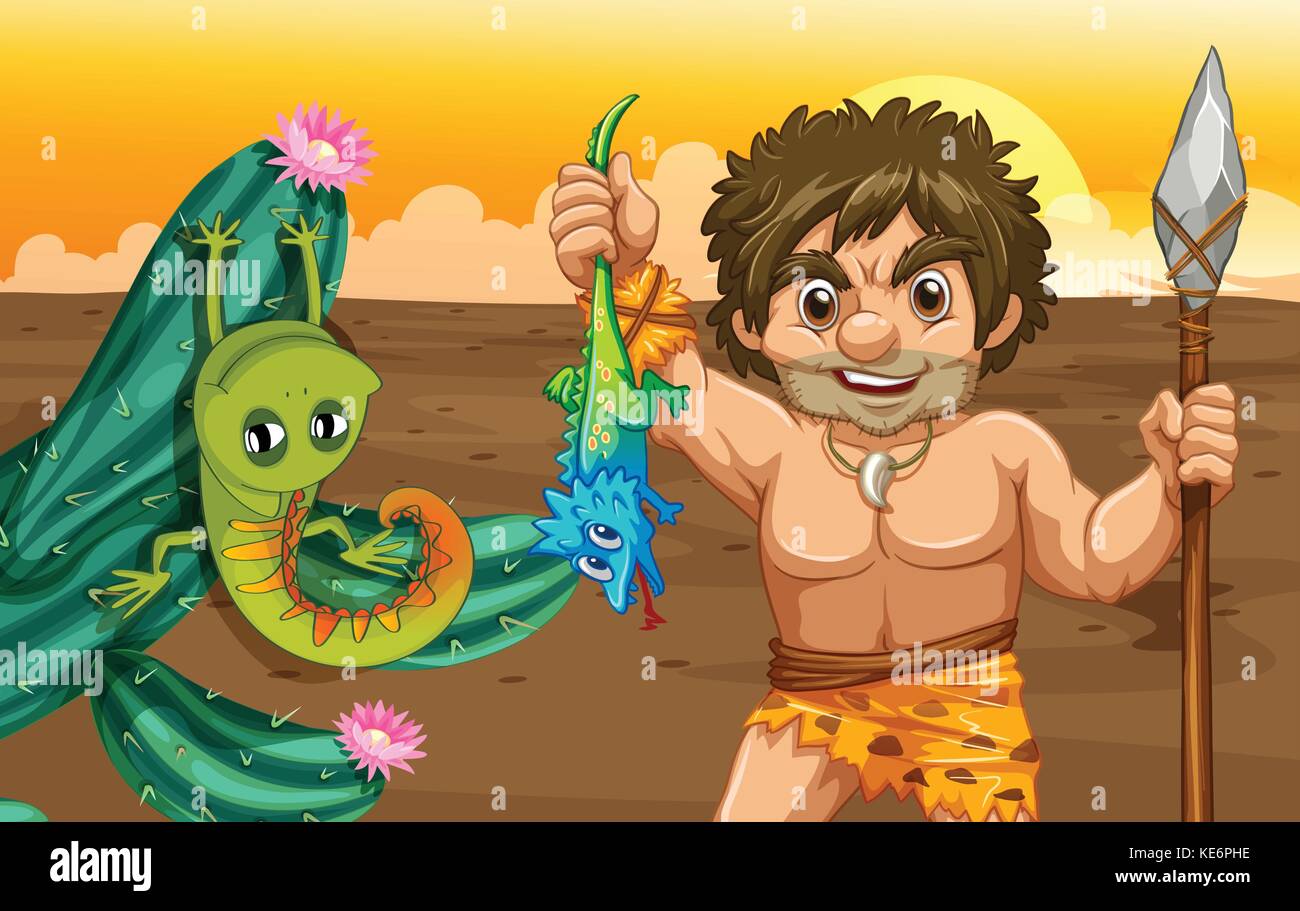 Illustration d'un lézard de la capture d'un homme des cavernes Illustration de Vecteur