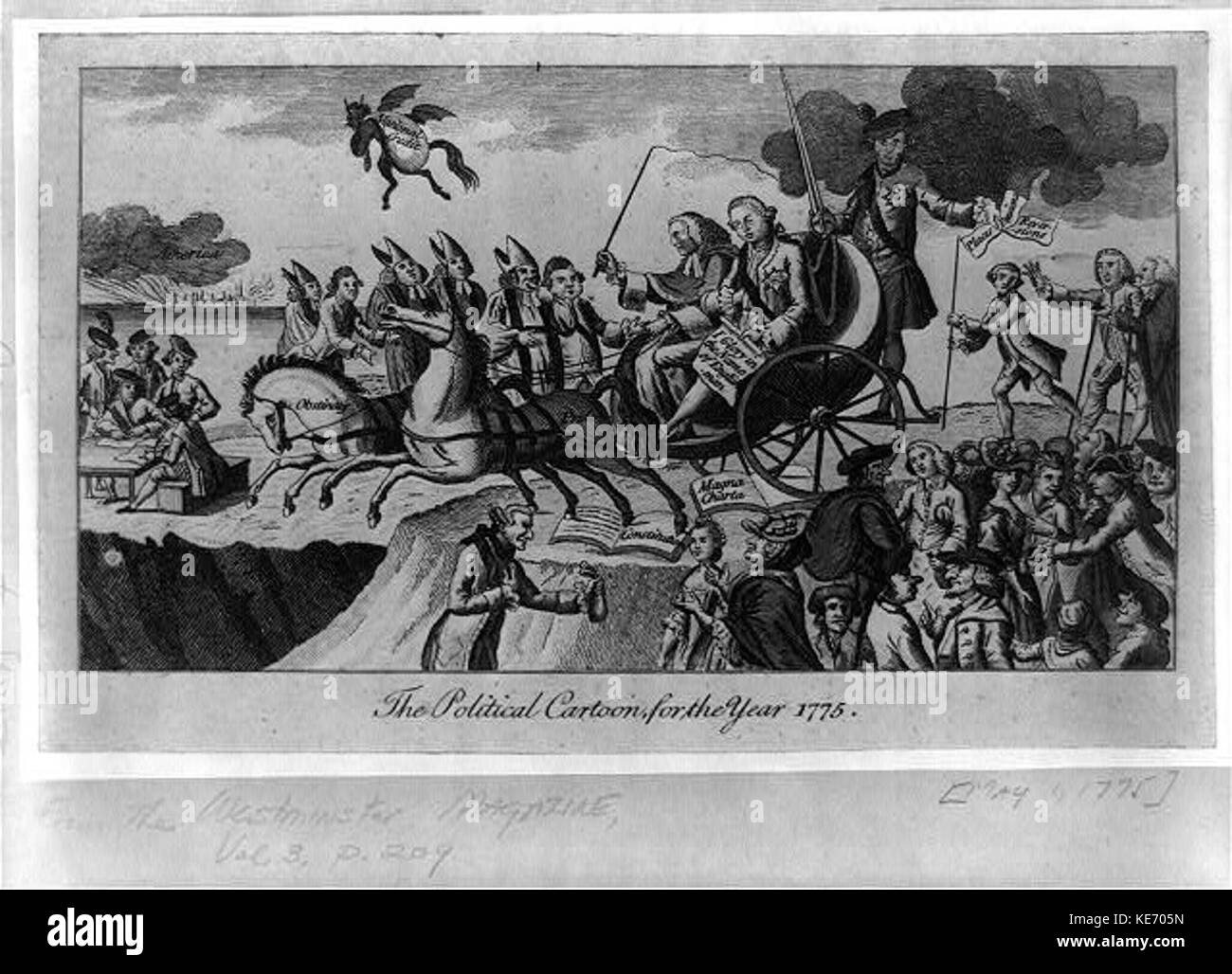 Caricature politique de 1775 représentant des personnalités politiques de l'époque. Il reflète le climat politique de l'époque, capturant les tensions qui ont conduit à la Révolution américaine. Banque D'Images