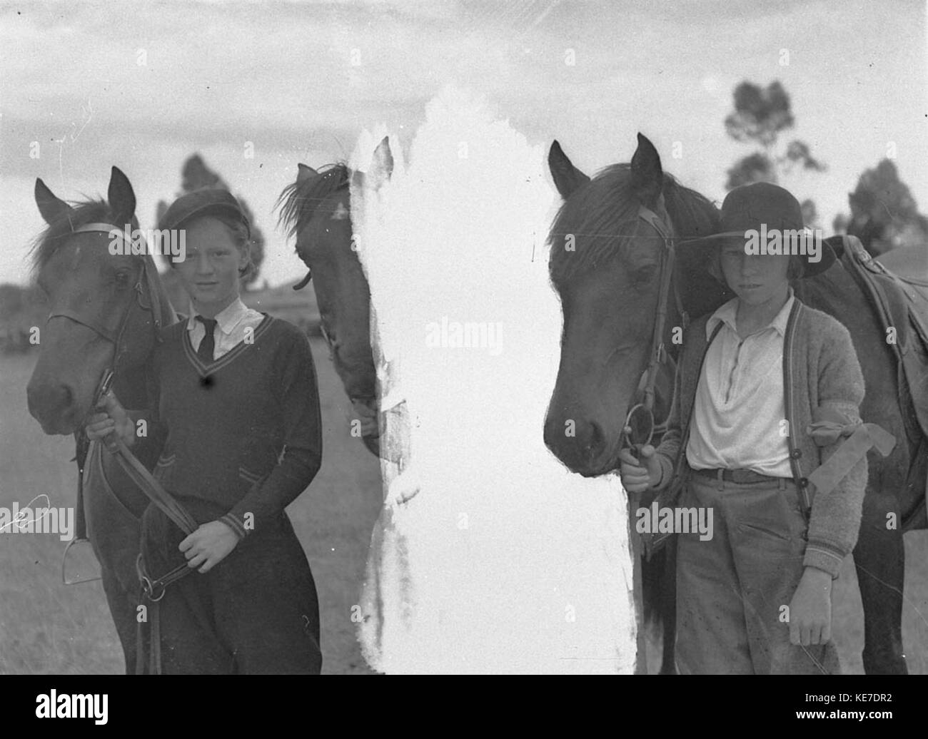 Deux jeunes femmes 43678 cavaliers avec leurs chevaux Banque D'Images