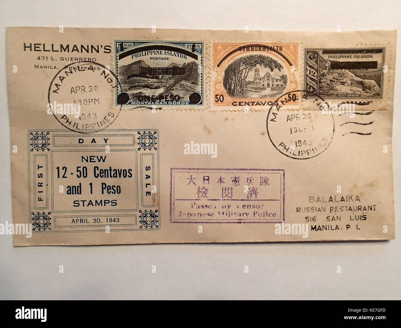 Cet article de l'histoire postale détaille l'occupation japonaise des Philippines, en se concentrant sur le système postal pendant la seconde Guerre mondiale. Banque D'Images