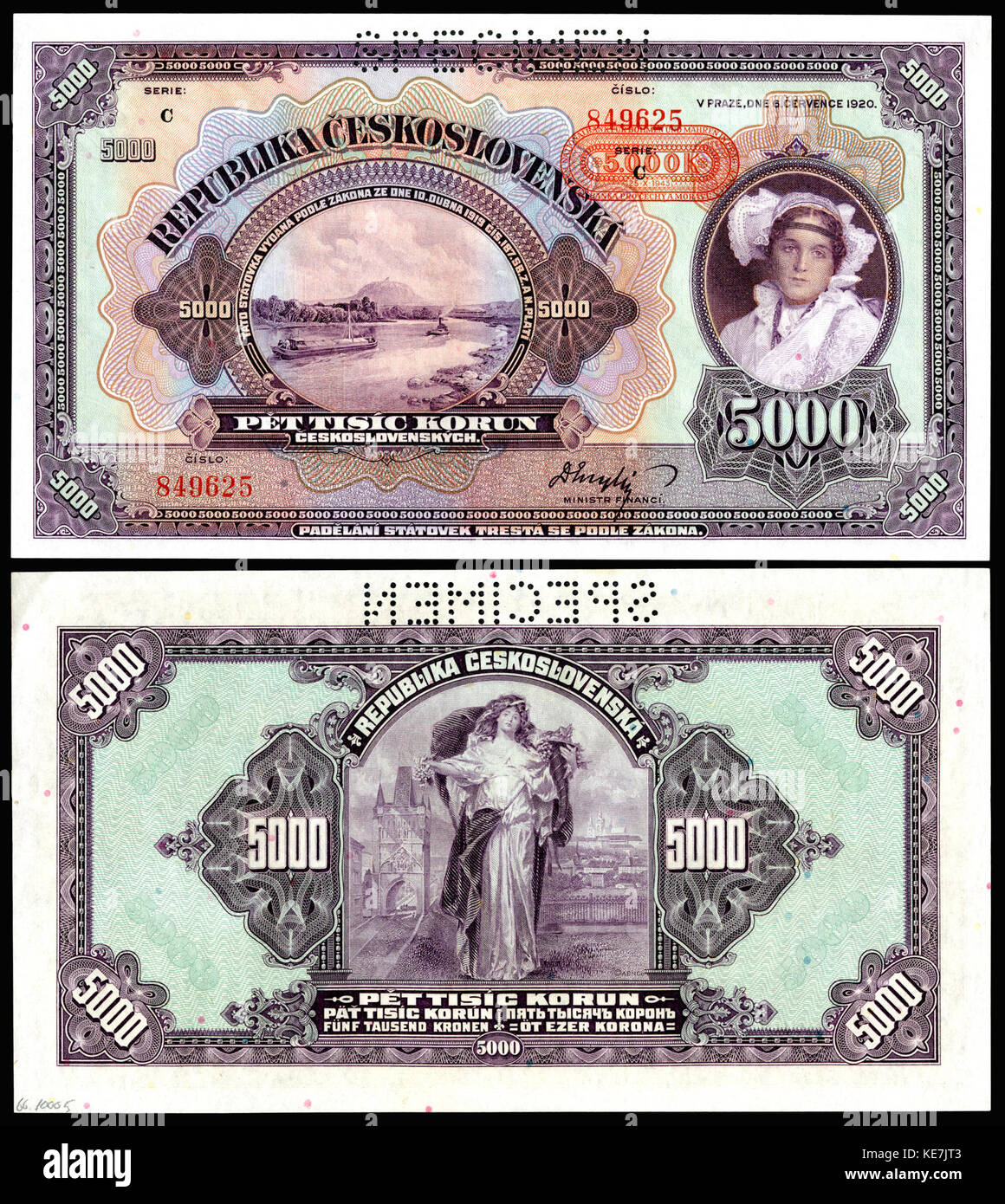 Ce billet de banque, du protectorat de Bohême et Moravie en 1943, présente une dénomination de 5000 Korun, reflétant les conditions économiques sous occupation allemande pendant la seconde Guerre mondiale Banque D'Images