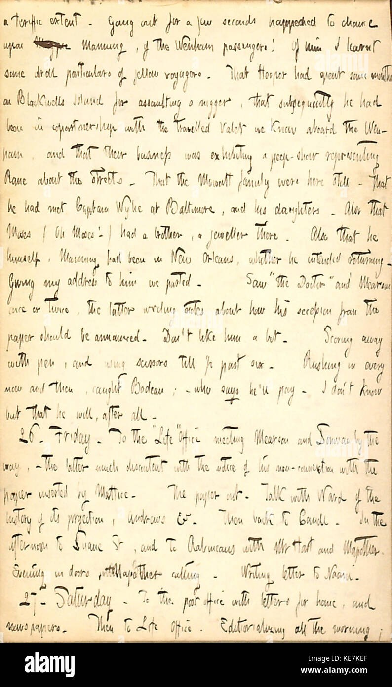 Entrée de journal de Thomas Butler Gunn entre le 25 et le 27 juillet 1850, documentant la vie quotidienne et les observations au milieu du XIXe siècle en Amérique. Banque D'Images