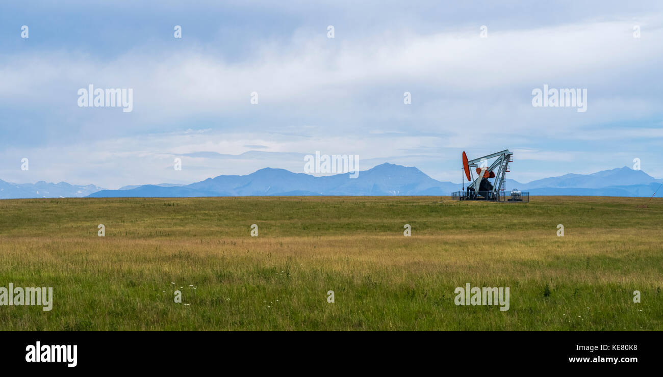 Une pompe à balancier à un puits de pétrole dans un champ d'herbe avec les Rocheuses canadiennes dans la distance ; Alberta, Canada Banque D'Images