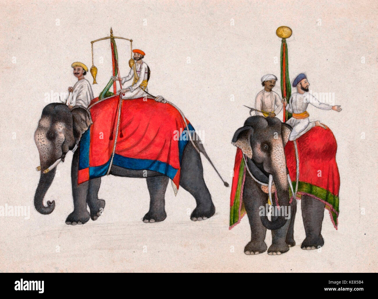 Deux éléphants transportant le poisson et sun insigne de souveraineté Mughal - Mazhar Ali Khan (peut-être), vers 1840 Banque D'Images