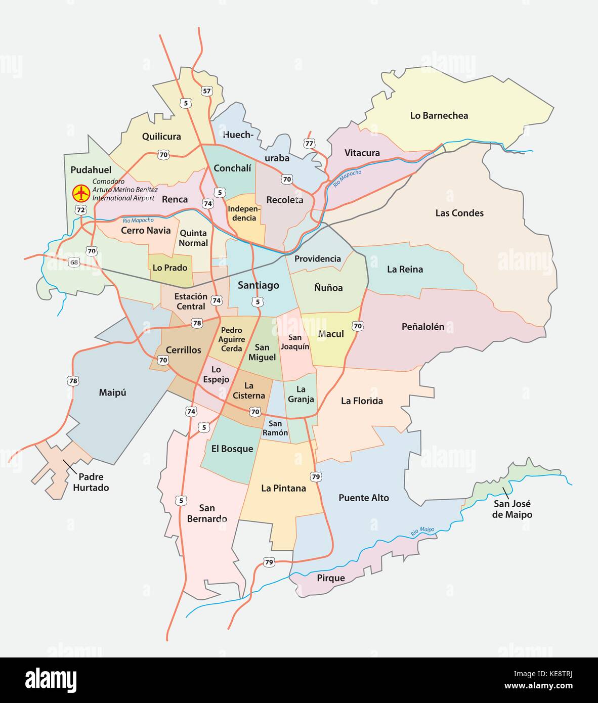 Les routes et les services administratifs et une carte politique de l'agglomération santiago chili Illustration de Vecteur