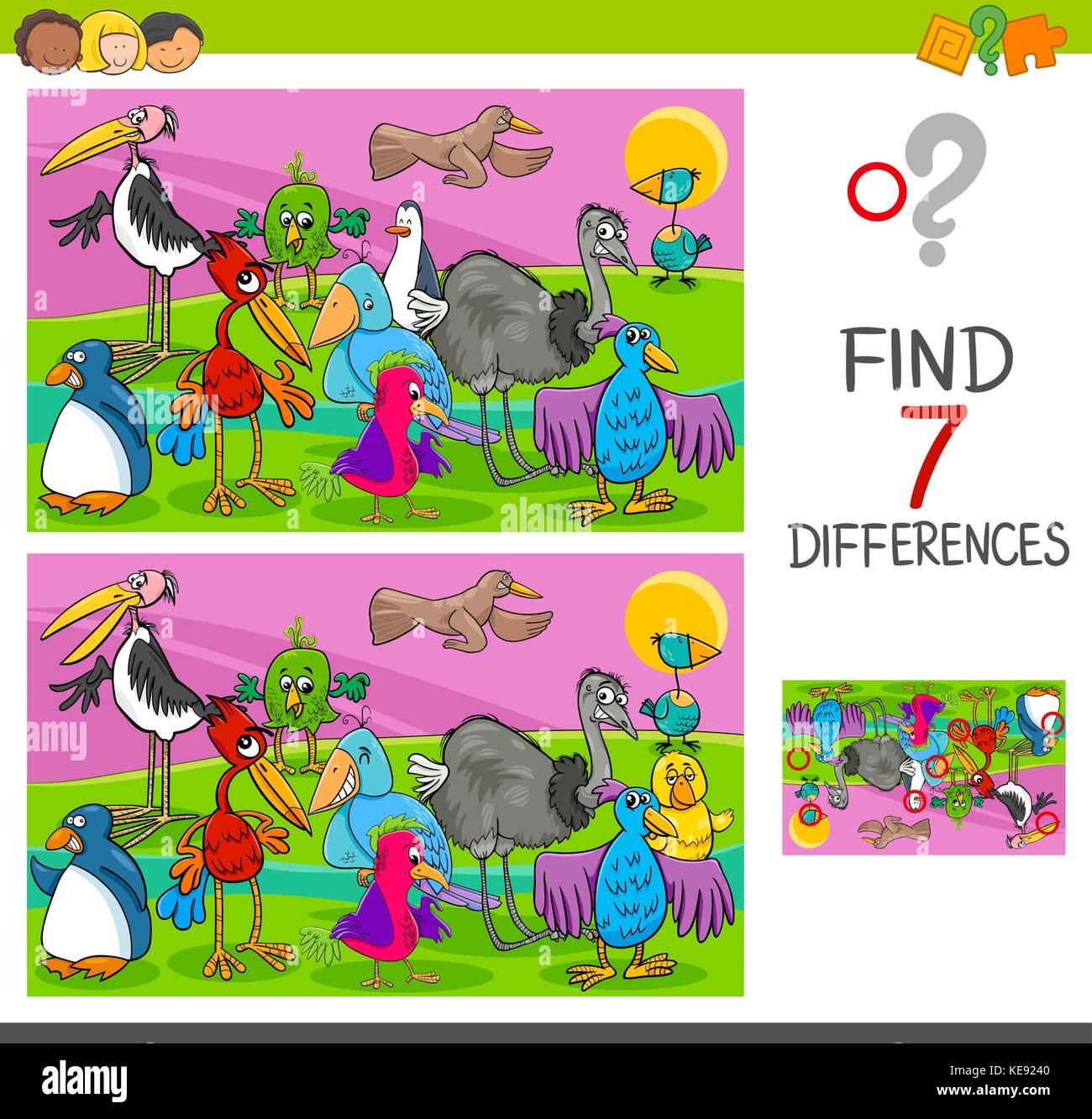 Cartoon illustration des différences entre la recherche d'activités éducatives photos jeu pour les enfants avec des oiseaux colorés personnages animaux group Illustration de Vecteur