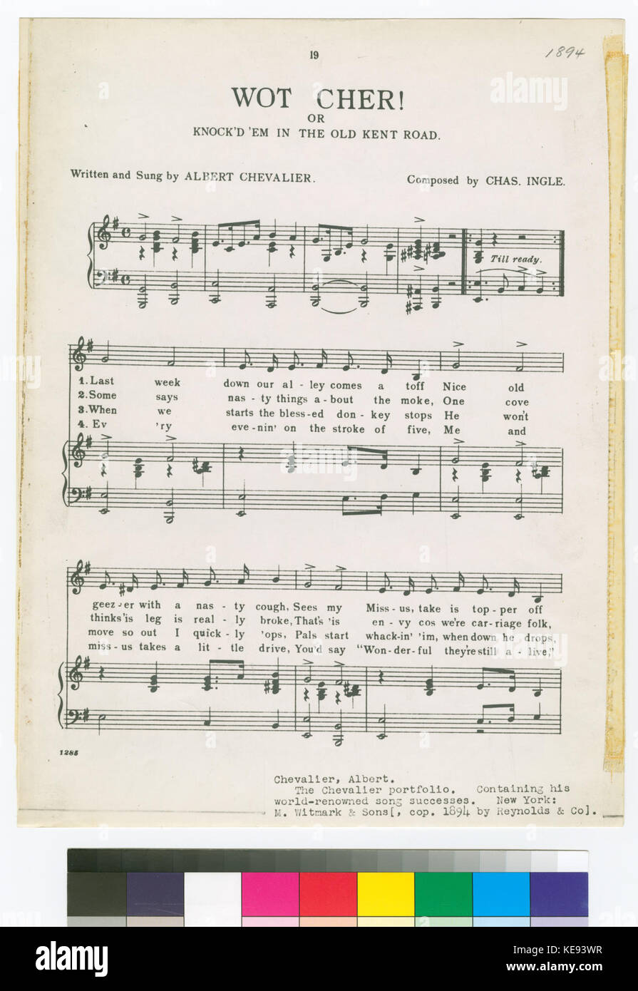 Une référence à une œuvre culturelle ou comique intitulée 'Wot cher !' Ou « frappés 'em morts dans l'ancienne Kent Road », mettant peut-être en valeur l'humour britannique du début du XXe siècle ou la vie sociale. Banque D'Images