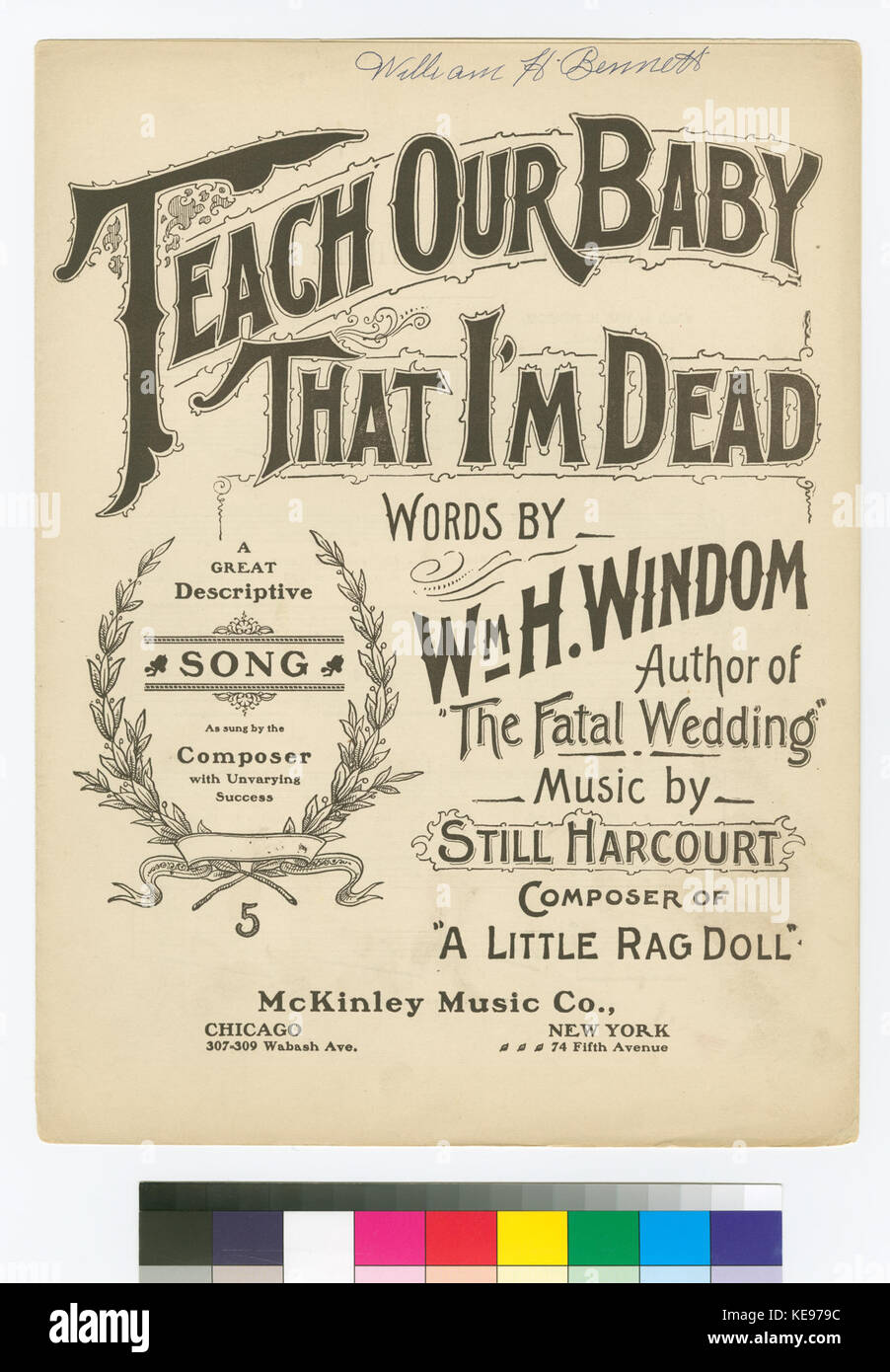 Un document historique intitulé « Teach our Baby that I'm Dead », conservé dans la collection NYPL Hadès. Le texte reflète probablement les thèmes du deuil, de la perte et de l'impact émotionnel de la mort sur une famille. Banque D'Images