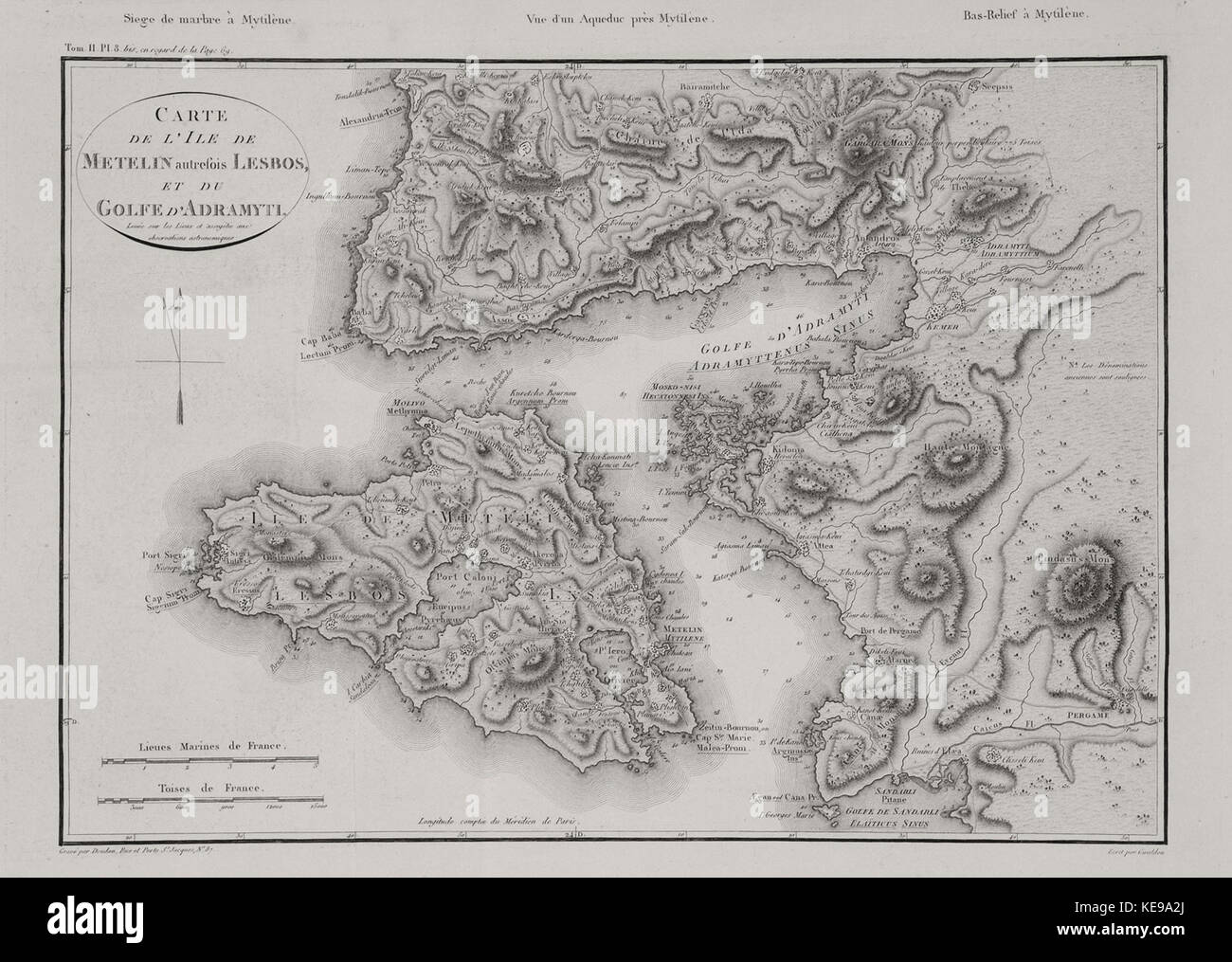 Carte de l'ile de Metelin autrefois Lesbos, et du golfe d'Adramyti Choiseul gouffier Gabriel Florent Auguste de 1809 Banque D'Images
