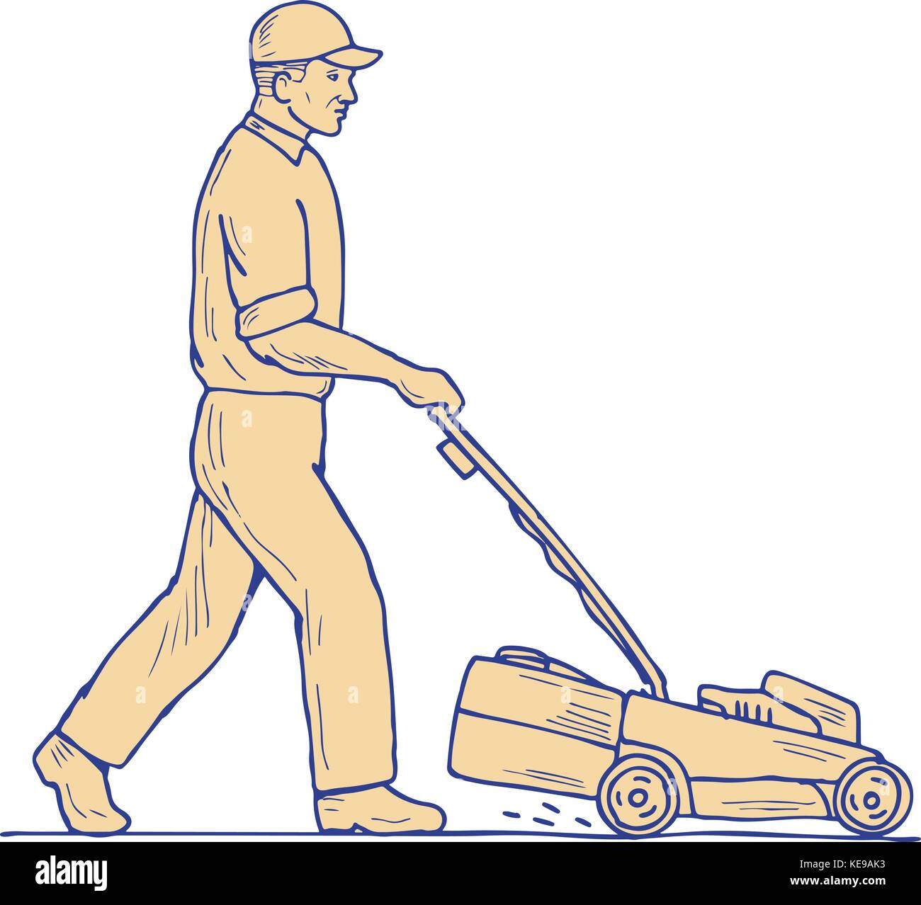 Croquis dessin illustration de style d'un gardien jardinier poussant coupe tondeuse vu de côté sur fond isolé. Illustration de Vecteur