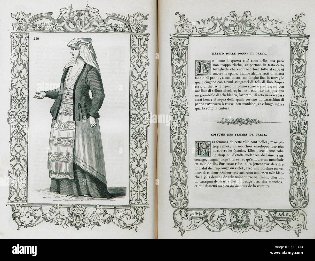 Illustration historique de Cesare Vecellio datant de 1860, représentant les vêtements traditionnels portés par les femmes à Gaeta, en Italie. Banque D'Images