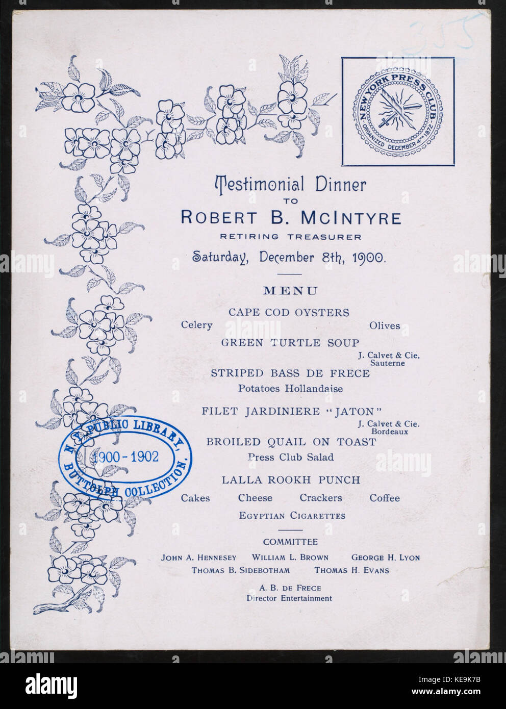 Pour BANQUET ROBERT B.RETRAITE MCINTYRE (trésorier) détenus par NEW YORK PRESS CLUB (at) (NYPL Hadès 275161476260) Banque D'Images