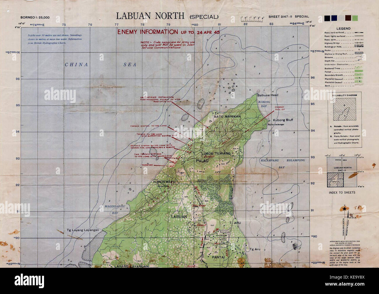 Carte du nord Labuan marqués d'estimer les positions japonaises et les plages d'invasion en avril 1945 Banque D'Images