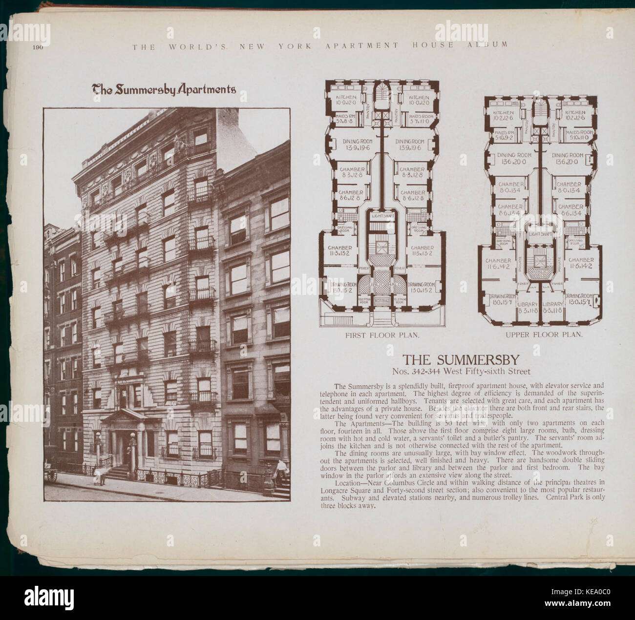 Les Summersby Apartments, situés au 342-344 West 56th Street à New York, sont représentés dans cette image historique. La photographie capture le style architectural et l'environnement urbain des appartements New-yorkais du début du XXe siècle. Banque D'Images